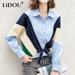 Primavera outono novo estilo coreano polo-pescoço moda retalhos arco camisa elegante topo feminino doce manga longa all-match blusa casual