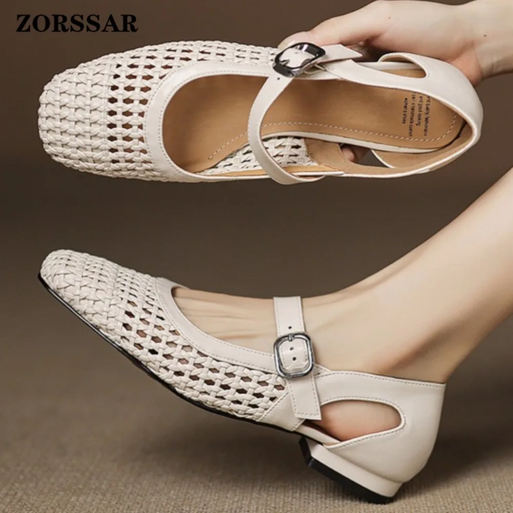 Womens Square Toe Flat Heel Mary Jane Shoes Retro Genuine Leather Woven Ankle Strap Buckle Pumps Comfortable Summer Footwear