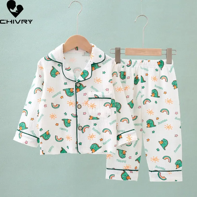 Kinder Sommer Dünne Pyjamas Sets Neue 2023 Jungen Mädchen Baumwolle Leinen Cartoon Langarm Revers Hemd Tops mit Hosen Baby hause Tragen