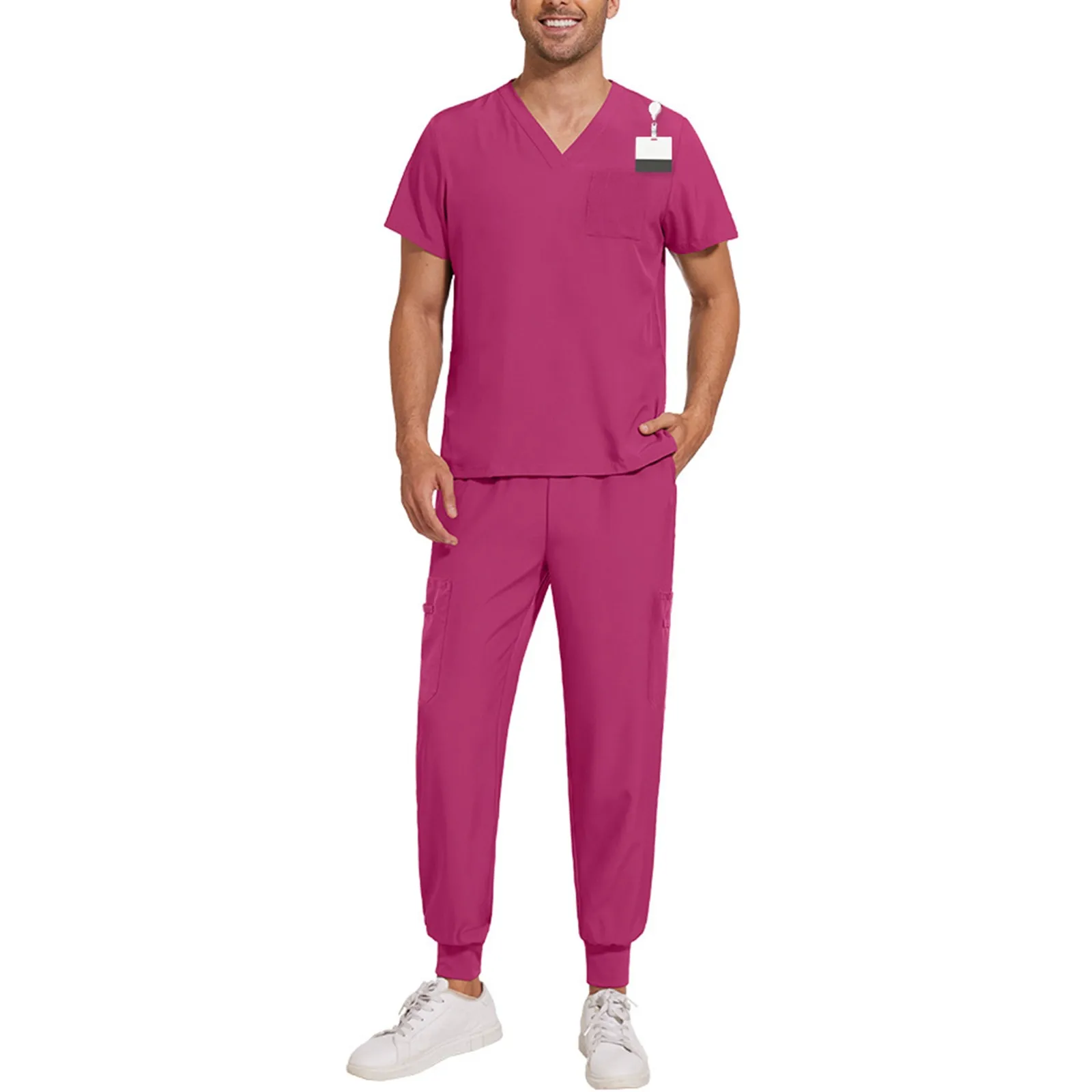 

Men'S Suit Rose Red V-Neck Medical Suit Men'S Comfortable Suit Hospital Work Simple Professional Work Clothing Medical Place
