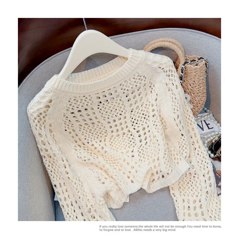 Thin Short Sweater Pullover Women\'s Jumper Korean Fashion Knitted Tops Summer Hollow Out Sexy Casual Streetwear Chic Style N854