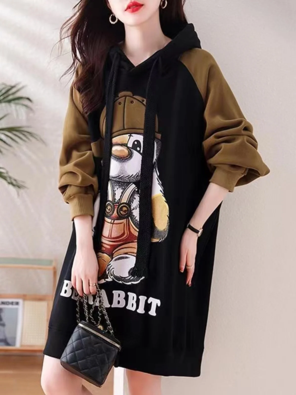 

Autumn Winter plus Size Hoodie Dr Casual Loose Meat Covering Slimming Mid-Length Korean Sle Long Sve Cartoon Print