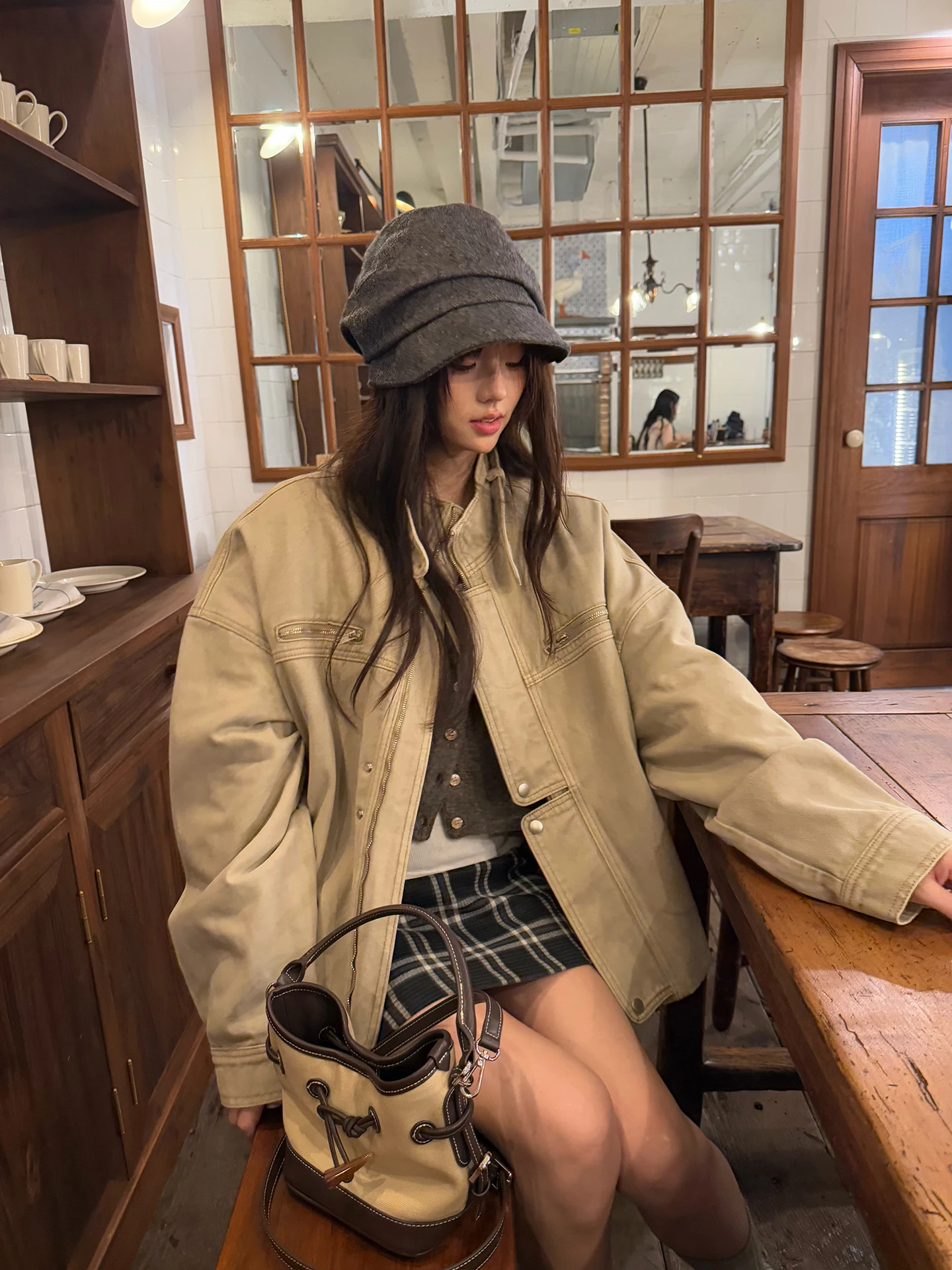 

Khaki Waed Casual Loose Women's Jaet Stand Collar Zipper Decorated Button Decorated Denim Cotton Long Sve Coat