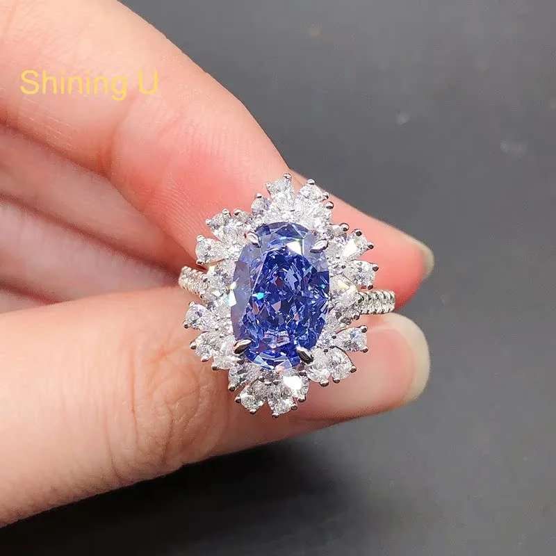 

Shining U S925 Silver 4.5CT Oval Sapphire High Carbon Daimond Gems Ring Fine Jewelry Engagement