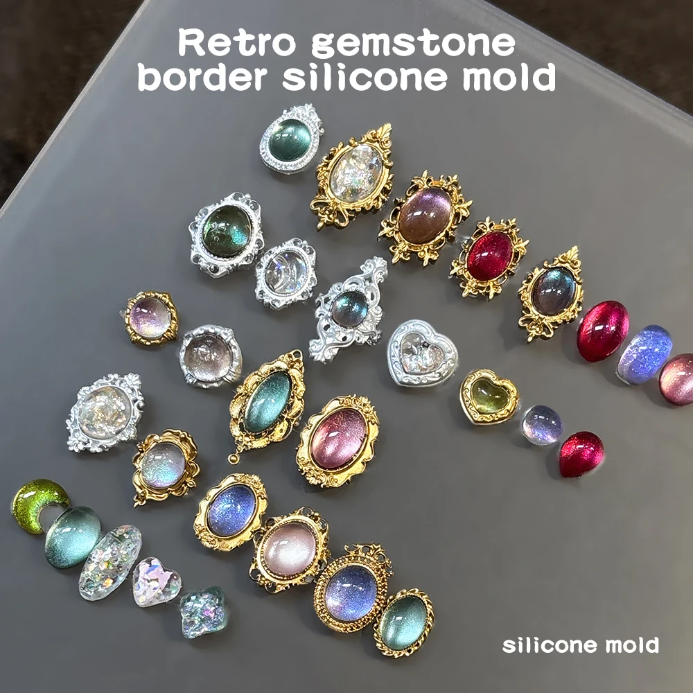 1PC Vintage Gemstone Photo Frame Nail Art Mold 3D Transparent Silicone Carving Template DIY Nail Design and Manicure Decorations