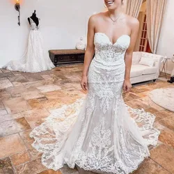 Weiß Meerjungfrau Hochzeit Kleid Appliques Ärmelloses Sweep Zug Braut Spitze Lange Kleider Für Frauen Elegante Robe De Mariée