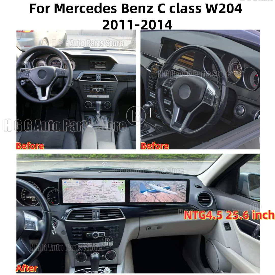 25 Inch Dual Screen Android 14 For Mercedes Benz C Class W204 2011-2014 Car GPS Navigation Multimedia Player Car Radio Media RHD
