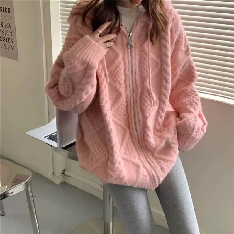 Spring Autumn Winter Loose All-match Twist Sweater Coat Women\'s Lazy Wind Hooded Knitted Cardigan Top Women Sweate