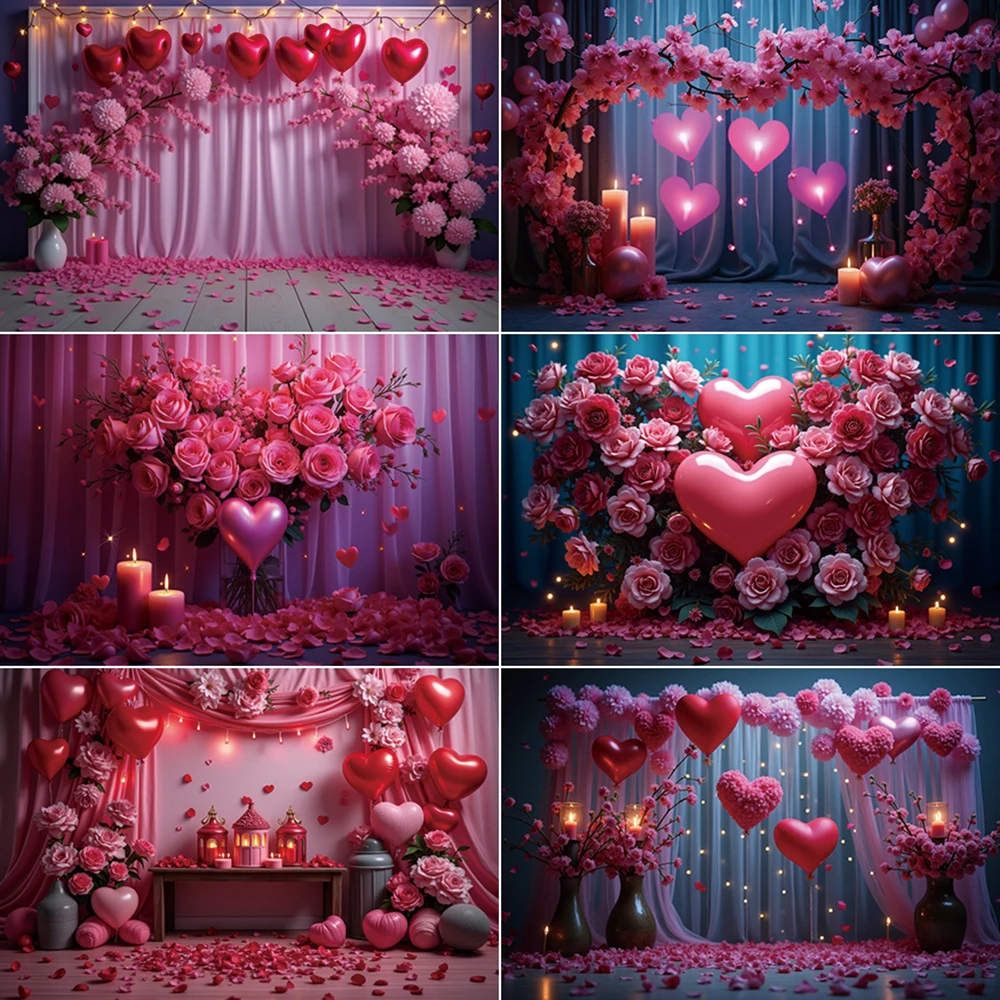 

MOON.QG Flower Balloon 2025 Valentine's Day Background 14-Feb Heart Wall Backdrop Red Drapes Curtain Photography Studio Supplies