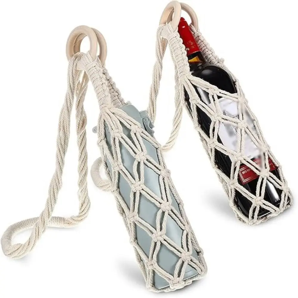 

Bohemian Hanging Bottle Net Bag Hollow Out Hand-woven Coffee Cup Holder Handmade Cotton Rope Crochet Wine Bottle Carrier