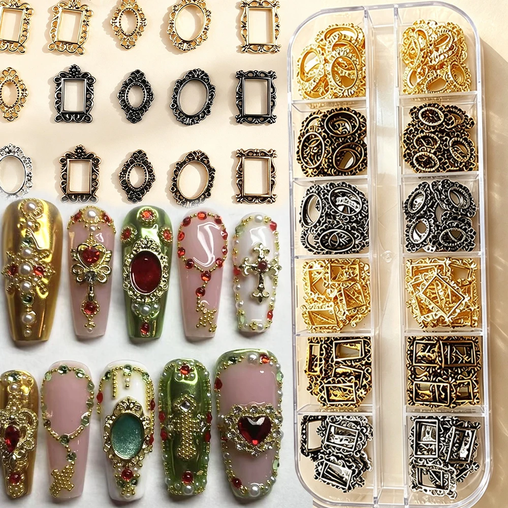 120pcs 12 Grids Retro Vintage Frame Alloy Nail Charms 4 Shapes Hollow Photo Frame Metal Nail Decors Baroque Gothic Manicure DIY-