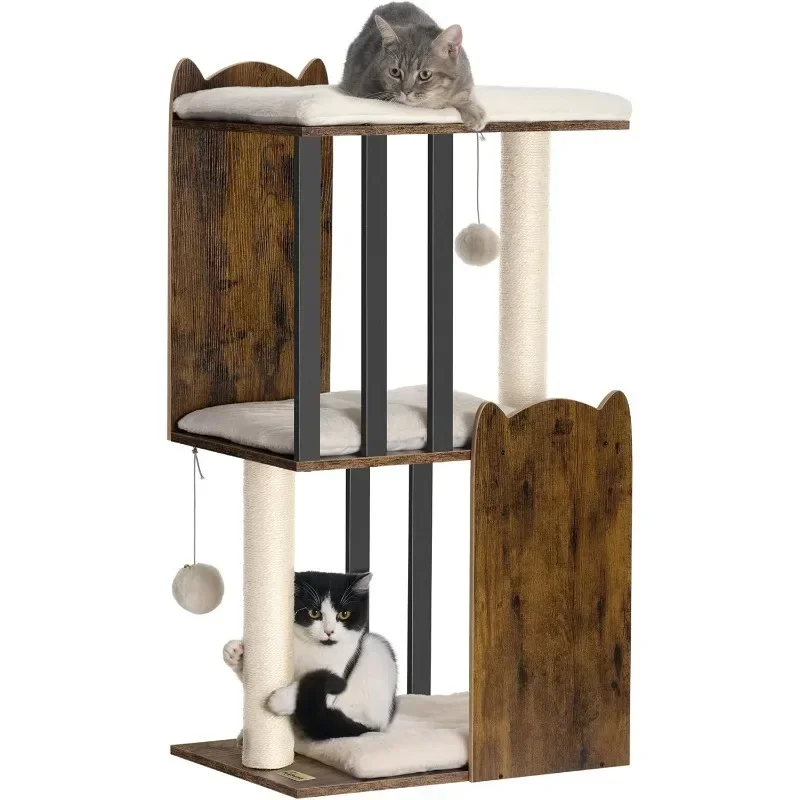 35.4-inch Three-story Modern Cat Tree Tower Apartment, Indoor Cat Scratching Post, Large Plate, Two All-sisal Scratching Post