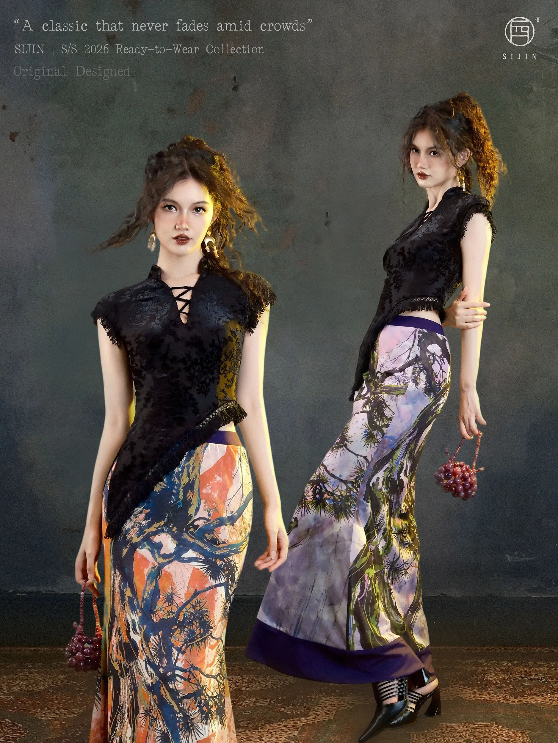 Dark Gothic Chinese Style Two Piece Set Black Mandarin Collar Lace Up Top Printed Mermaid Maxi Skirt For Party Evening