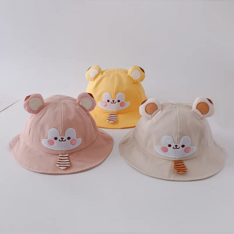 Topi Bucket หมีน่ารักหูหมีสำหรับเด็กแรกเกิดหมวกปานามาหมวกชายหาดกลางแจ้งสีทึบหมวกกันแดดสำหรับเด็กทารกชายหญิงหมวกบอนเน็ต