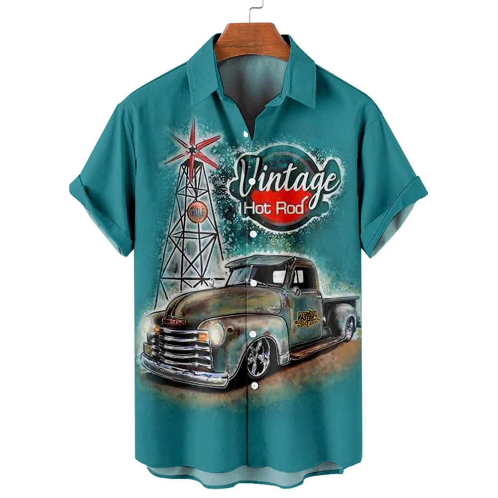 Blus Rockabilly Vintage kemeja dicetak 3d Pria Wanita kemeja Hawaii pria kasual pekerjaan kemeja kerah pantai musim panas lengan pendek