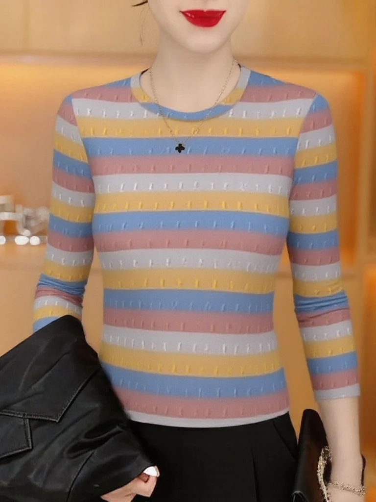 

Elegant Striped Long Sleeve T-Shirt Women's round Neck Slimming Fashionable Mommy Style Top Breathable Polyester Fiber