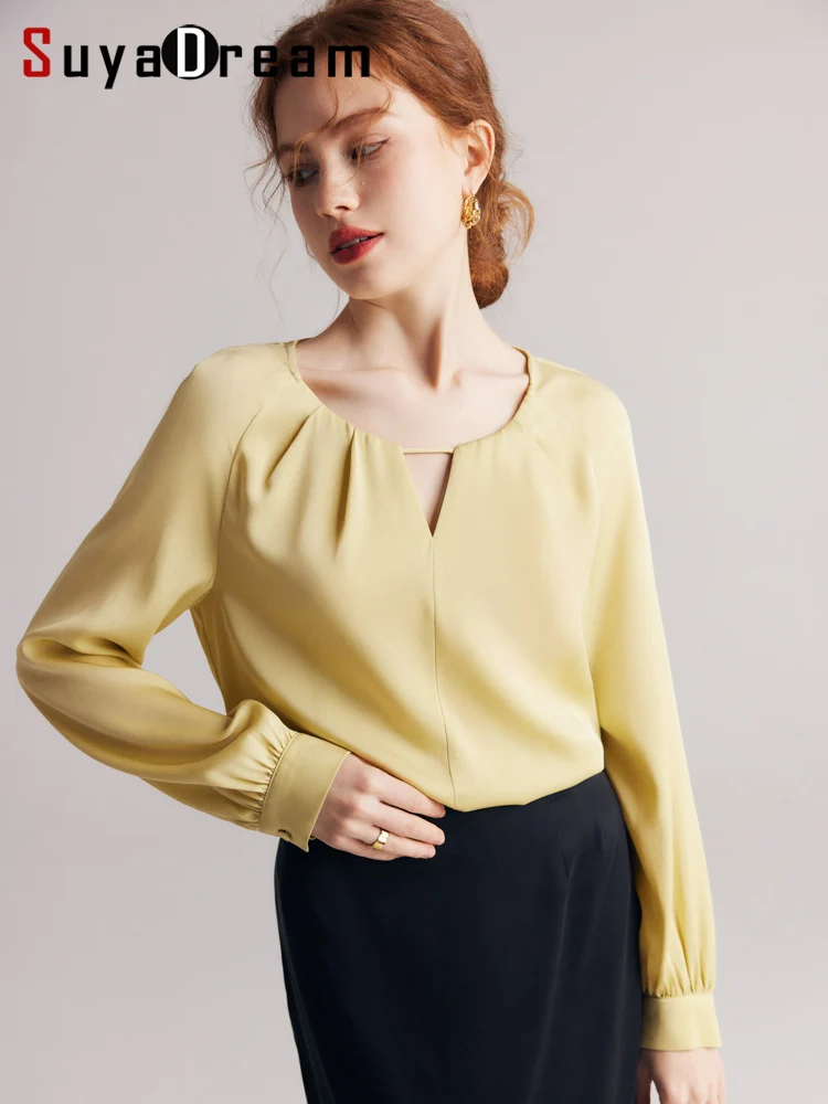 SuyaDream, Women Chic Blouses, 90%Silk 10%Spandex, Round Collar Plain Shirts, 2024 Spring Summer Raglan Sleeves Top