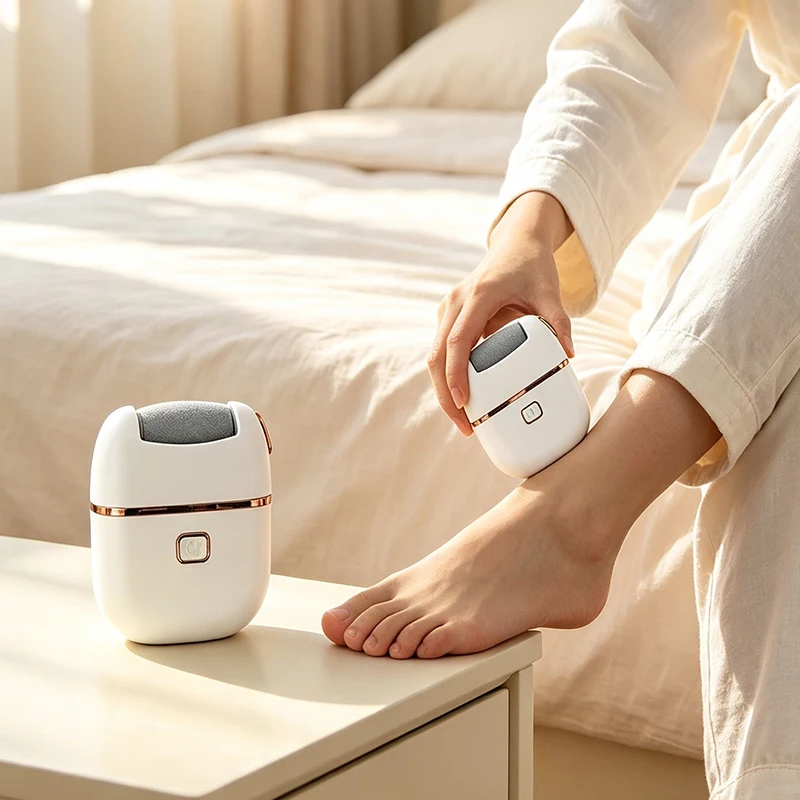 Electric foot scrubber - an automatic foot care tool for removing dead skin, calluses and polishing the feet for exfoliation.
