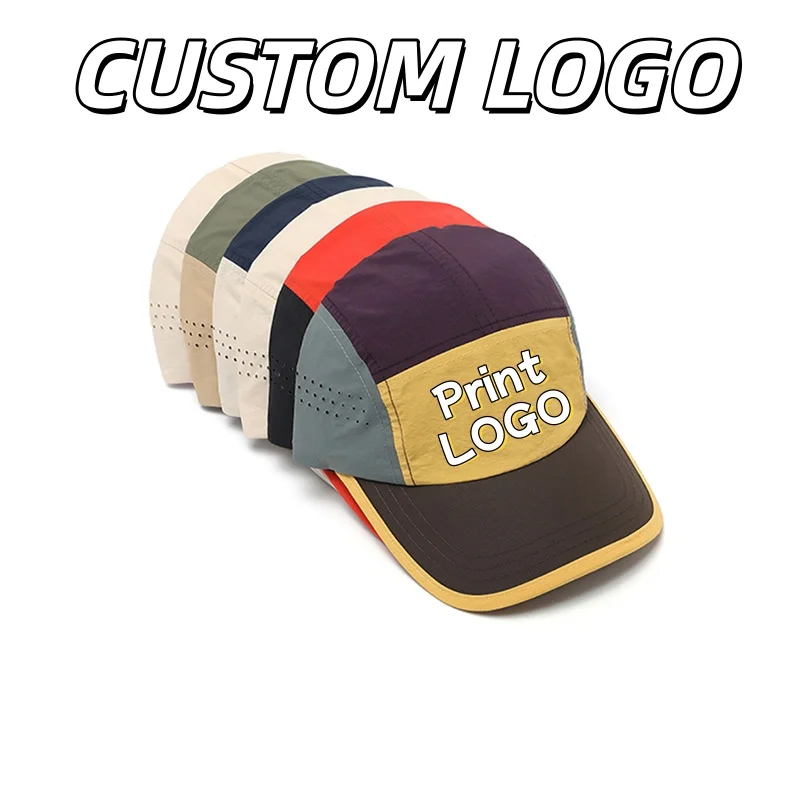 Custom Logo Color Block 5 Panel Quick Dry Cap Breathable Outdoor Hat Vintage Patchwork Camping Baseball Cap Waterproof Sport Hat
