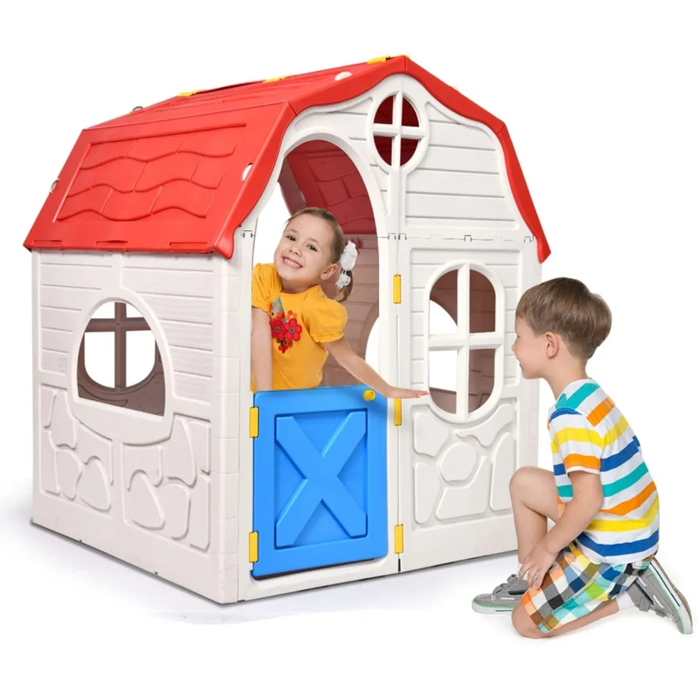 Outdoor Playhouse for Kids, Cottage Indoor Playhouse with Working Doors & Windows, Pretend Play House Imagination Playset Toy