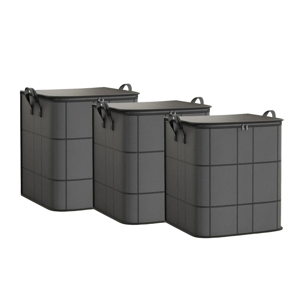 Reinforced Handle Fabric Storage Bin with Full Zipper for Bedding Clothes Quilts Comforters Moving 110L 140L 180L Black 3 Pack