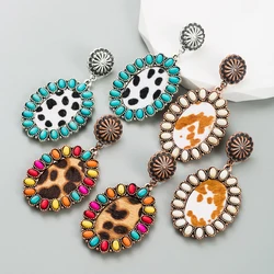 European and American New Creative Exaggerated Leather Earrings Printed Turquoise Earrings Bohemian Fashion Trend Earrings