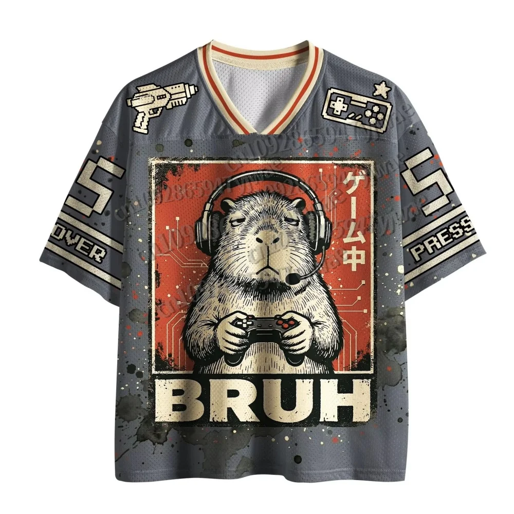 Retro Game Pattern Mesh T-shirt with Printed Super Street Headwear for Boys and Girls, Fun Capybara Game child-prent t-shirt