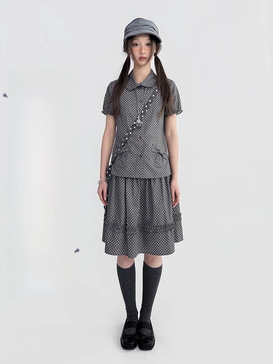 

Gray Star Print Short Sleeve Shirt Set for Women Vintage Grey Tone College Style Light Design Sense Two Piece Summer Fashion