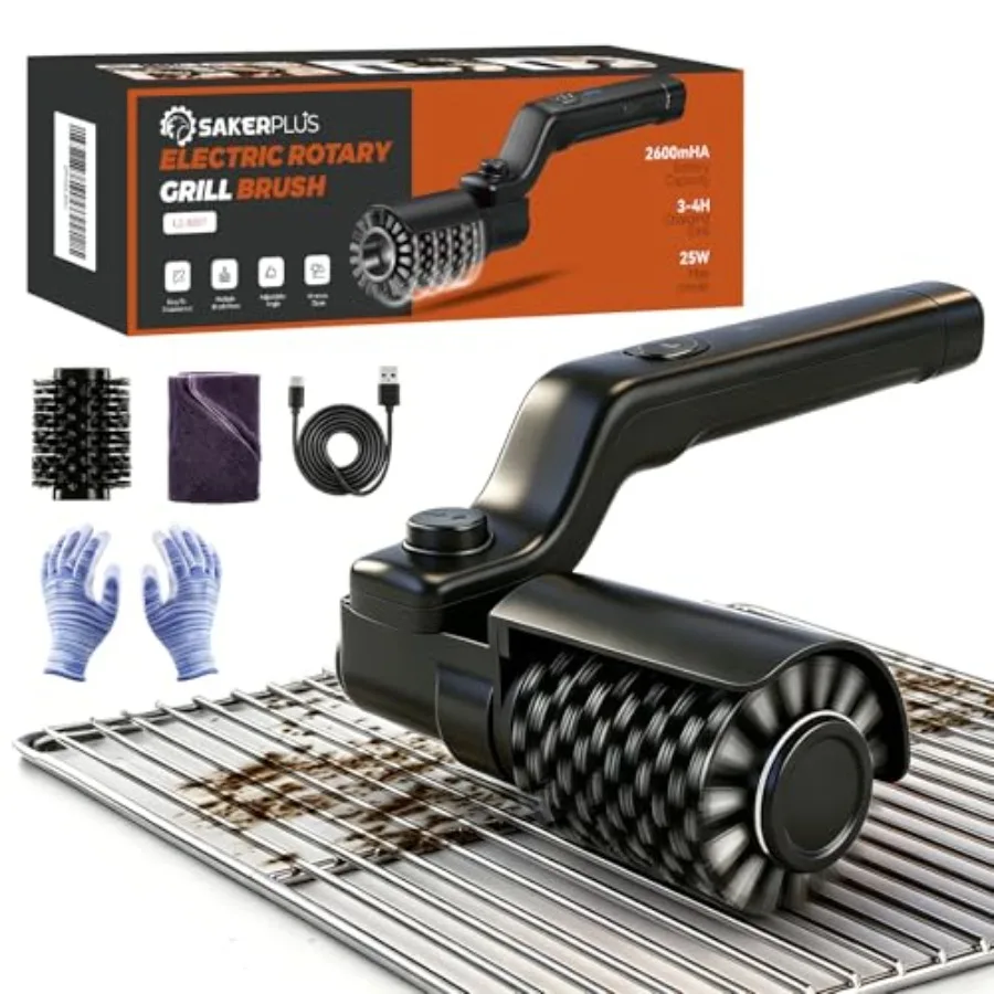 

Outdoor electric grill brush, stainless steel silicone, black gray, cordless rechargeable with 2 heads, 3-speed angle adjust, 4