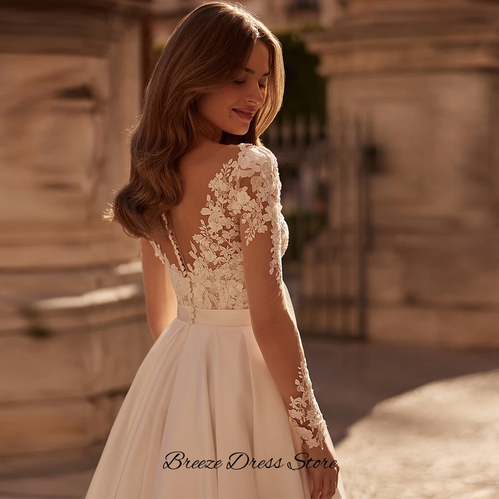 Dreamy Appliques Tulle Vestido De Novia High Quality Satin Side Slit Bridal Gowns Customized V-neck Long Sleeves Wedding Dress