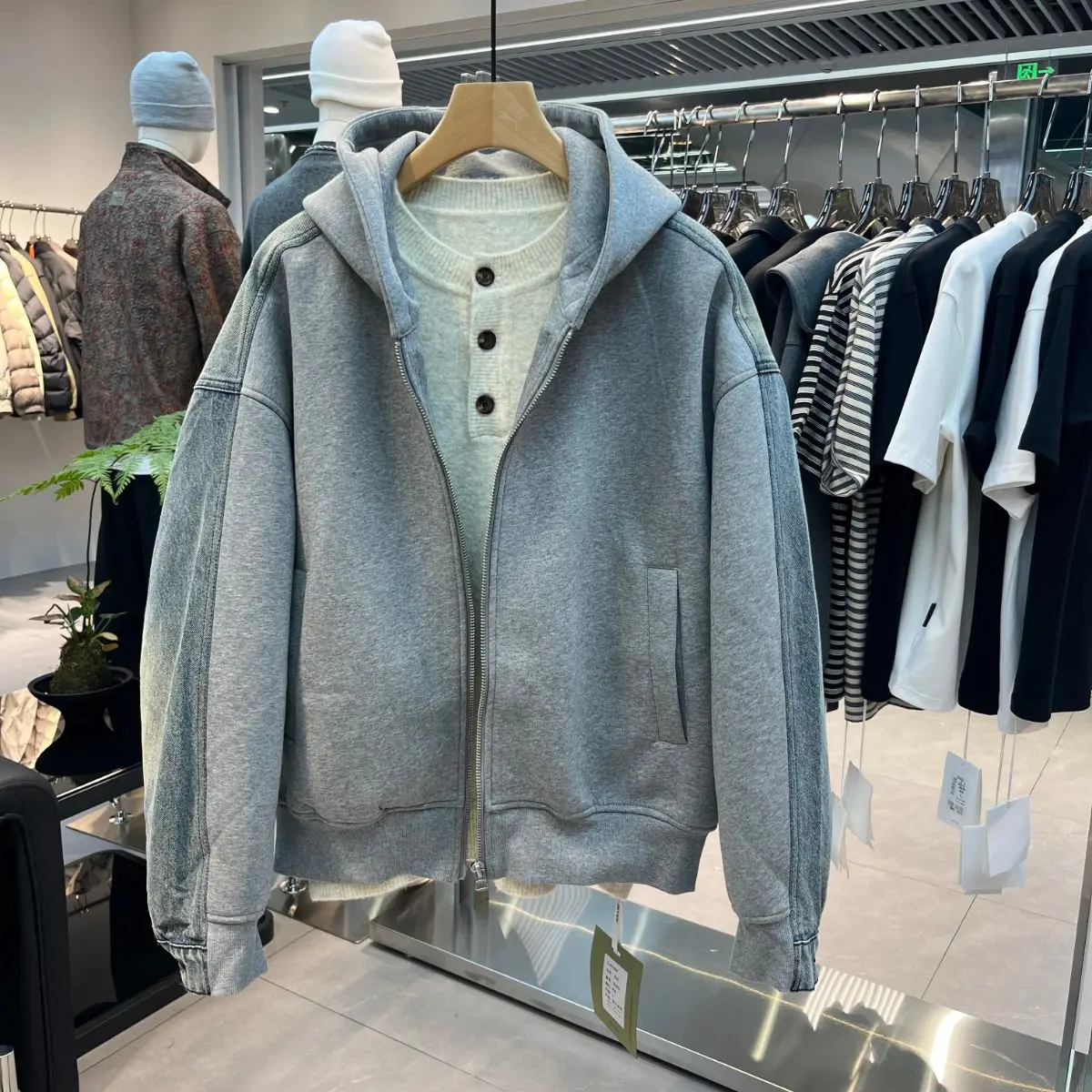

American Style Heavyweight Denim Patchwork Hooded Duck down Jacket Men's Warmth Inner Removable Convertible Autumn Clothes