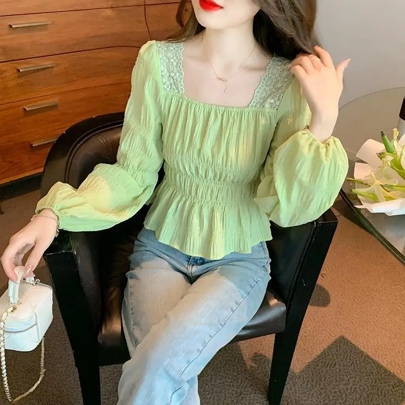 Women\'s Spring Fashion Solid Color Simplicity Pleated Square Collar Long Sleeve Shirts Women Clothes Elegant All-match Slim Tops