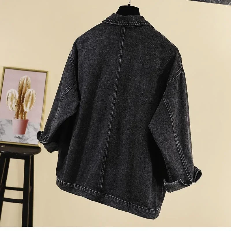

Женская повседневная свободная джинсовая куртка, весенне-осенняя черная джинсовая куртка в корейском стиле, винтажная универсальная верхняя одежда в стиле Харадзюку с длинными рукавами