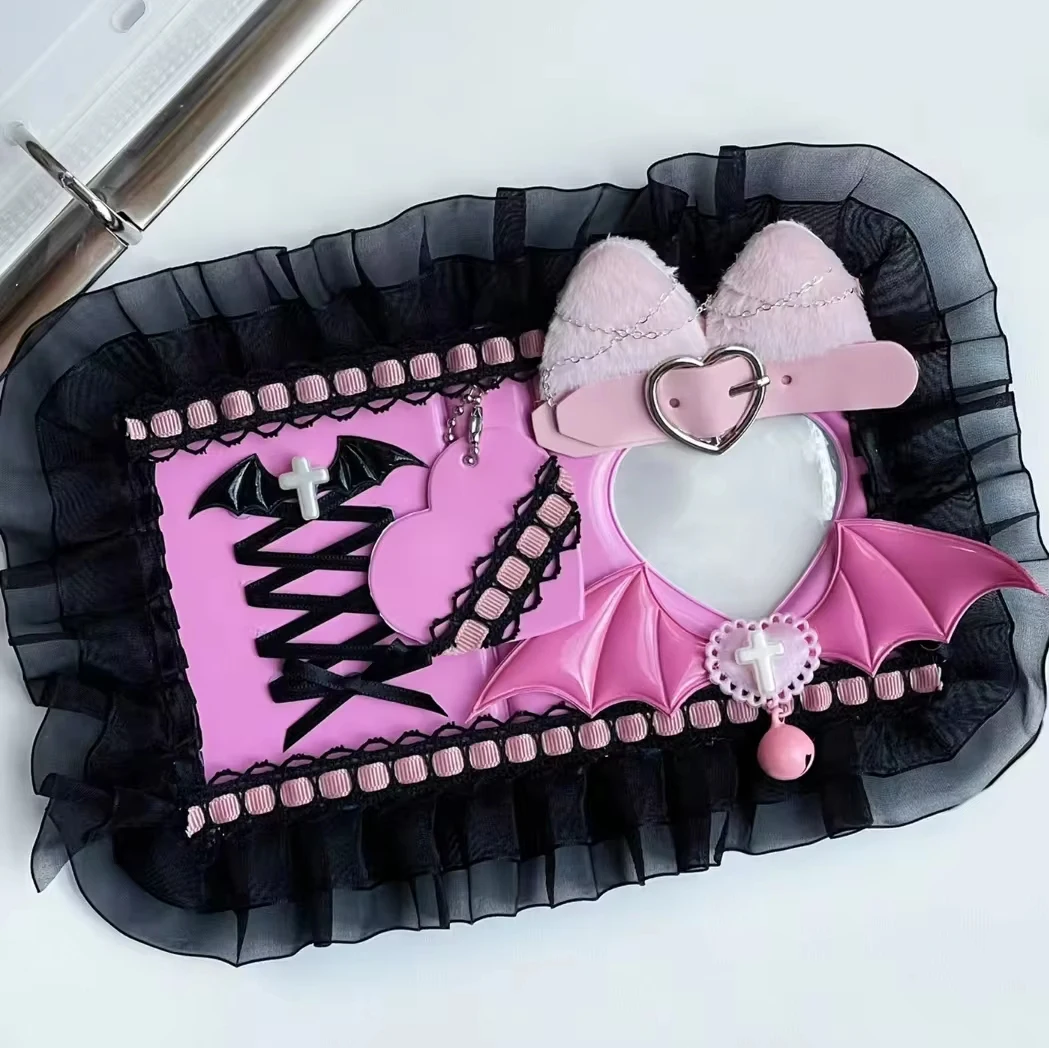 Pink Kawaii Card Binder Ribbon Handmade Kpop Card Collector Holder Animel Card Album with Cute Keychain for Girls