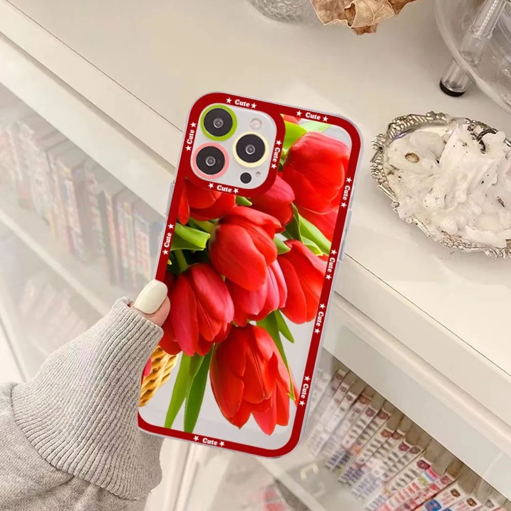 Red poppies tulip rose Phone Case For iPhone 15 13 14 Pro Max XS XR 12 11 Pro 13 Mini Soft Clear Back Cover