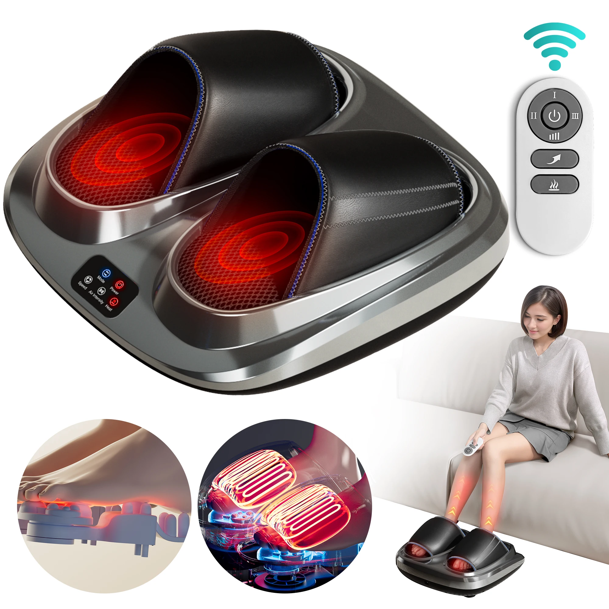Appareil de massage électrique pour mollets et pieds avec chaleur, masseur de pieds Shiatsu par pétrissage et roulement pour fasciite plantaire et neuropathie, massage des jambes par vibration, compression d'air, chaleur, pétrissage et compression, télécommande, cadeaux pour femmes et hommes