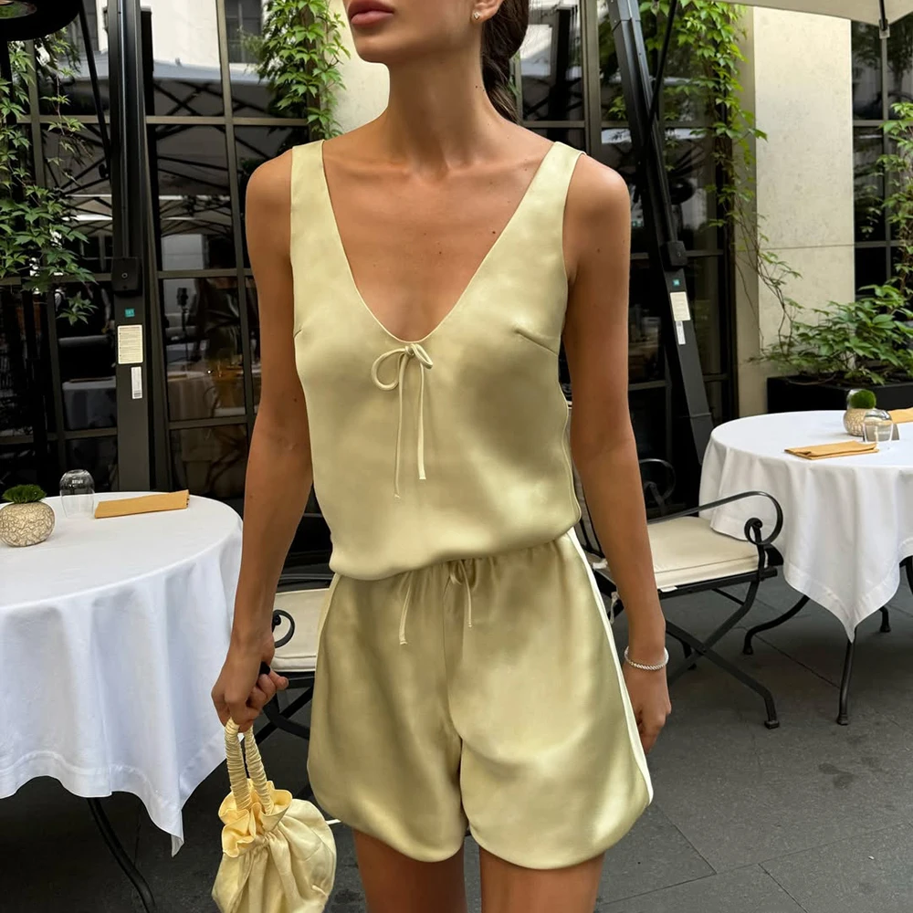 

Ticketsx Satin Lace-up Short Set Women's Deep V Neck Sleeveless Vest Top Elastic Waist Short Set Female Summer Casual Short Sets