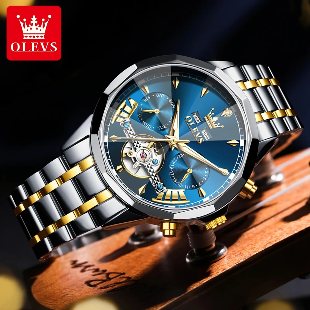 

OLEVS Совершенно новые высококачественные механические часы из нержавеющей стали, водонепроницаемые часы с календарем, деловые мужские часы, автоматические часы с турбийоном
