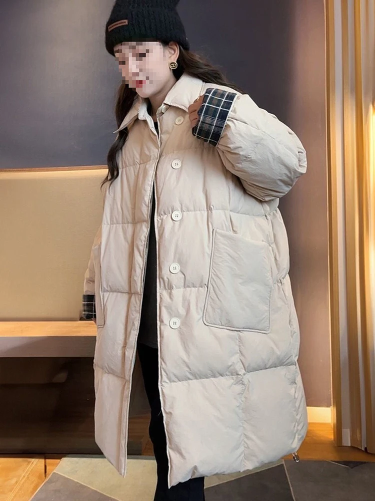 

Winter Long Cloak Splice Down Jacket Women White Duck Down Big Pocket Parker Outwears Female Single Breasted Knee Length Jackets