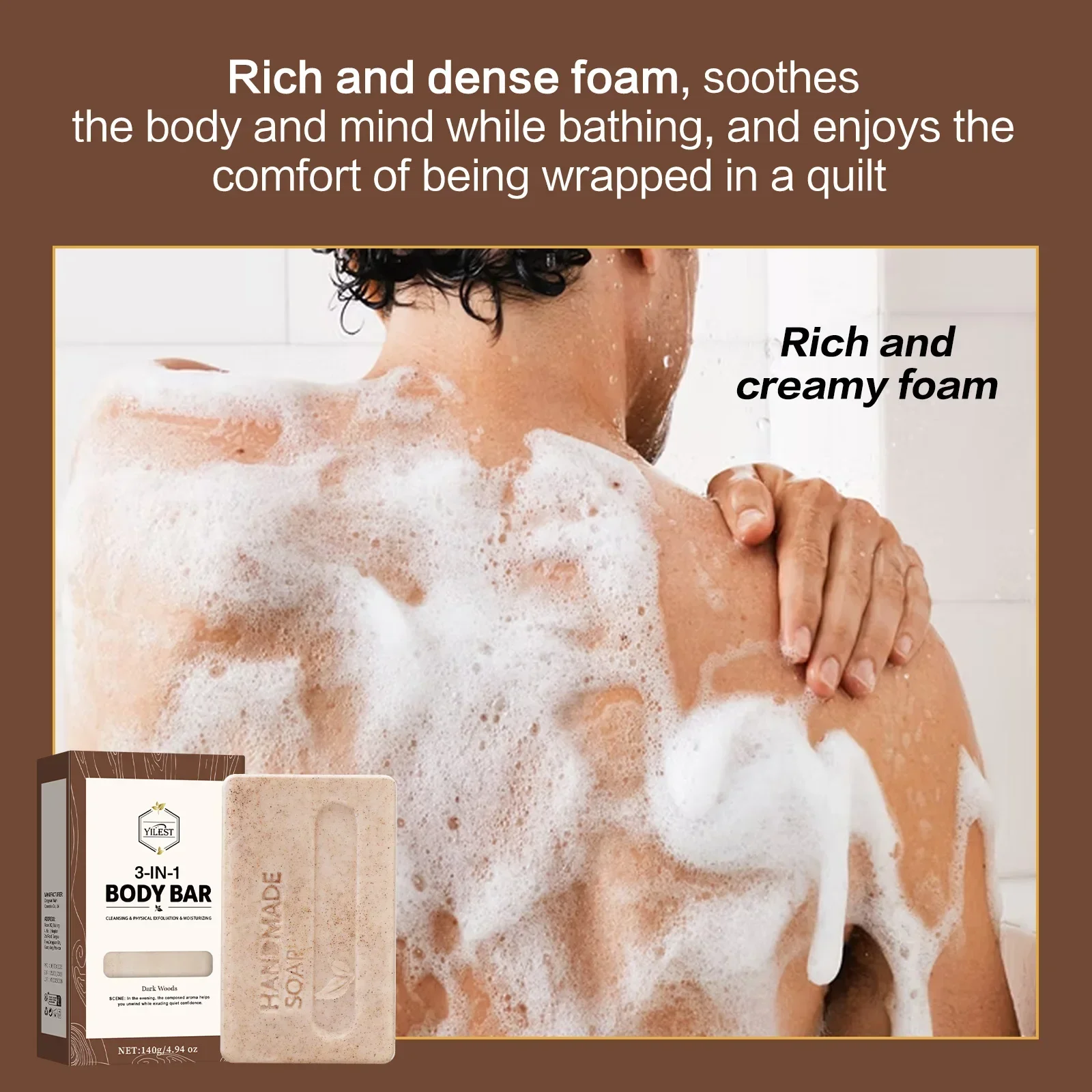 140g 3-IN-1 Men's Body Bar (Sandalwood/Lemon Citrus Scent) -Exfoliating Moisturizing, Long-Lasting Fragrance Handmade Soap