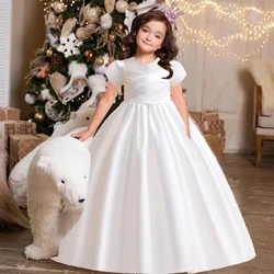 Teens Satin White Bridesmaid Girl Dress Short Sleeve Birthday Party Wedding Princess Kids Dress for Girl Birthday Gown 10 14 Yrs