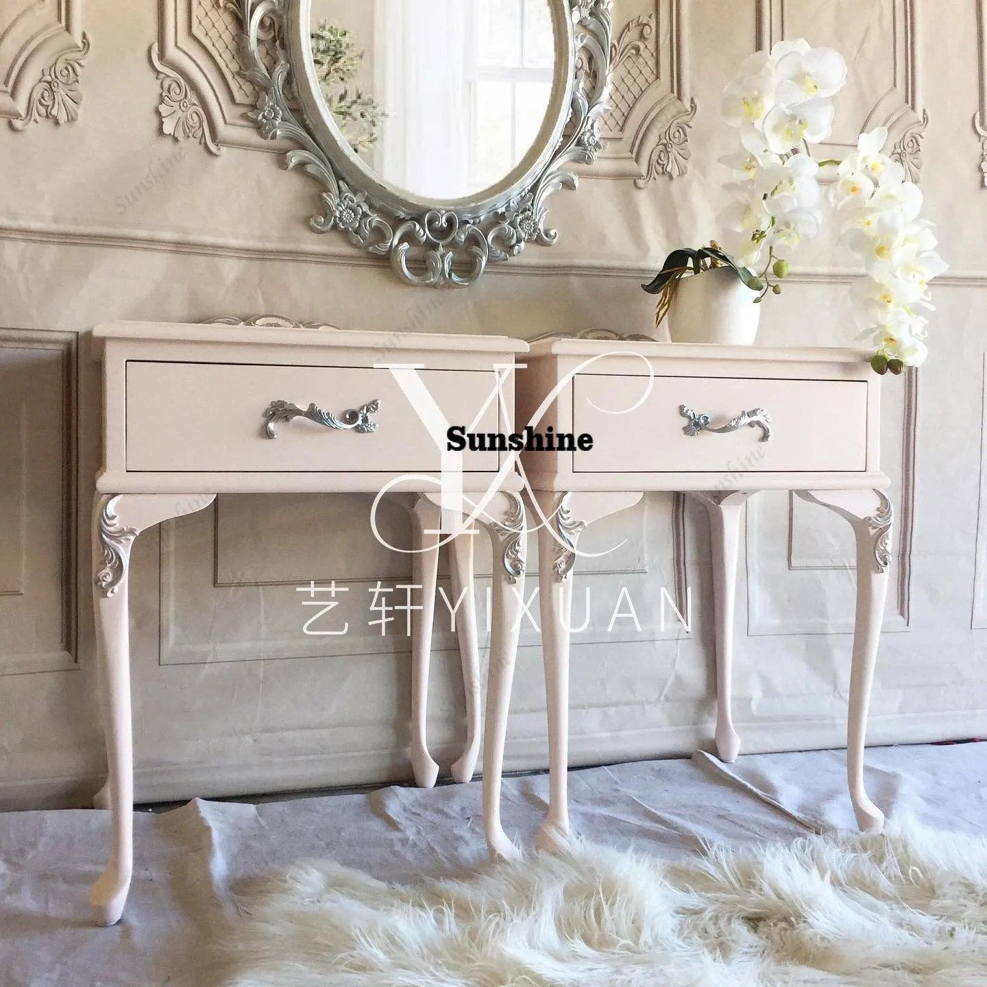 French retro solid wood simple pink bedroom bedside table household engraving high-end atmospheric storage