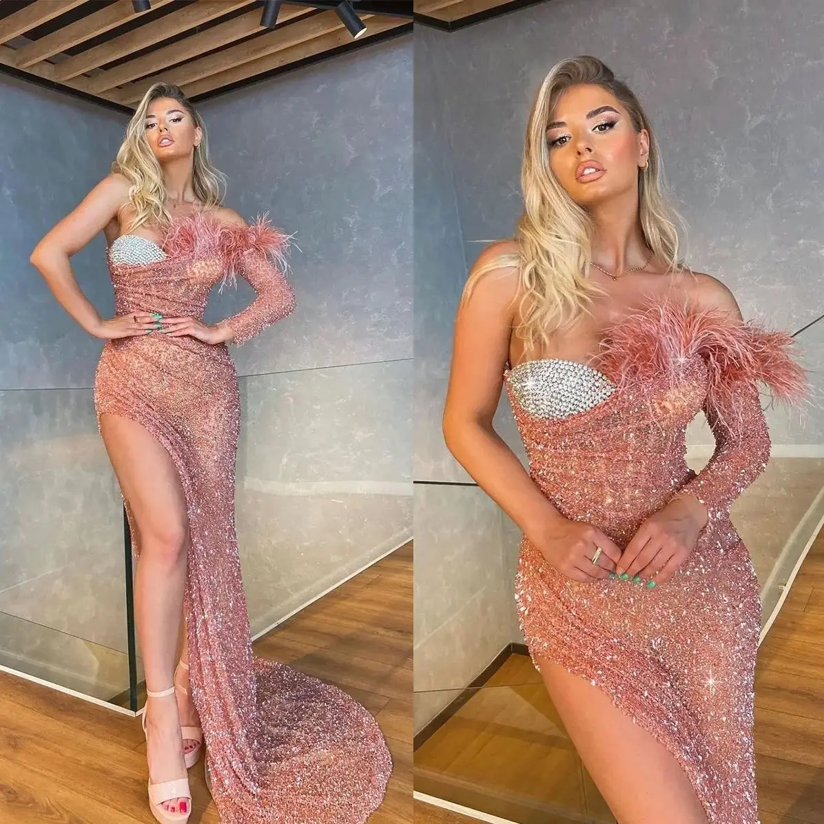 高級スパンコールマーメイドイブニングドレスサイドスプリットヴィンテージワンショルダービーズフェザークリスタルイブニングドレスカスタマイズ