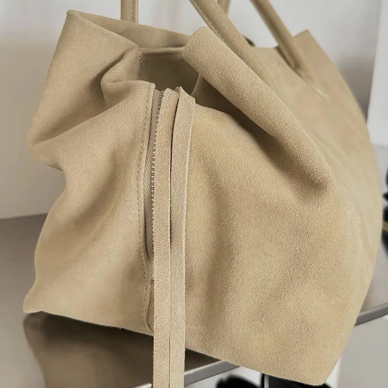 VM FASHION KISS Multi Layer Commuting Large Capacity Cow Leather Women Tote Apricot Suede Leather Women Handbag Genuine Leather