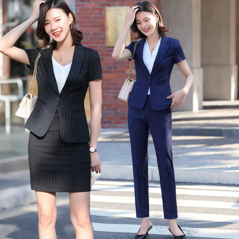 

Blue Striped Suit Female Summer Thin Temperament Goddess Style President Professional Manager Short Sleeve Overalls