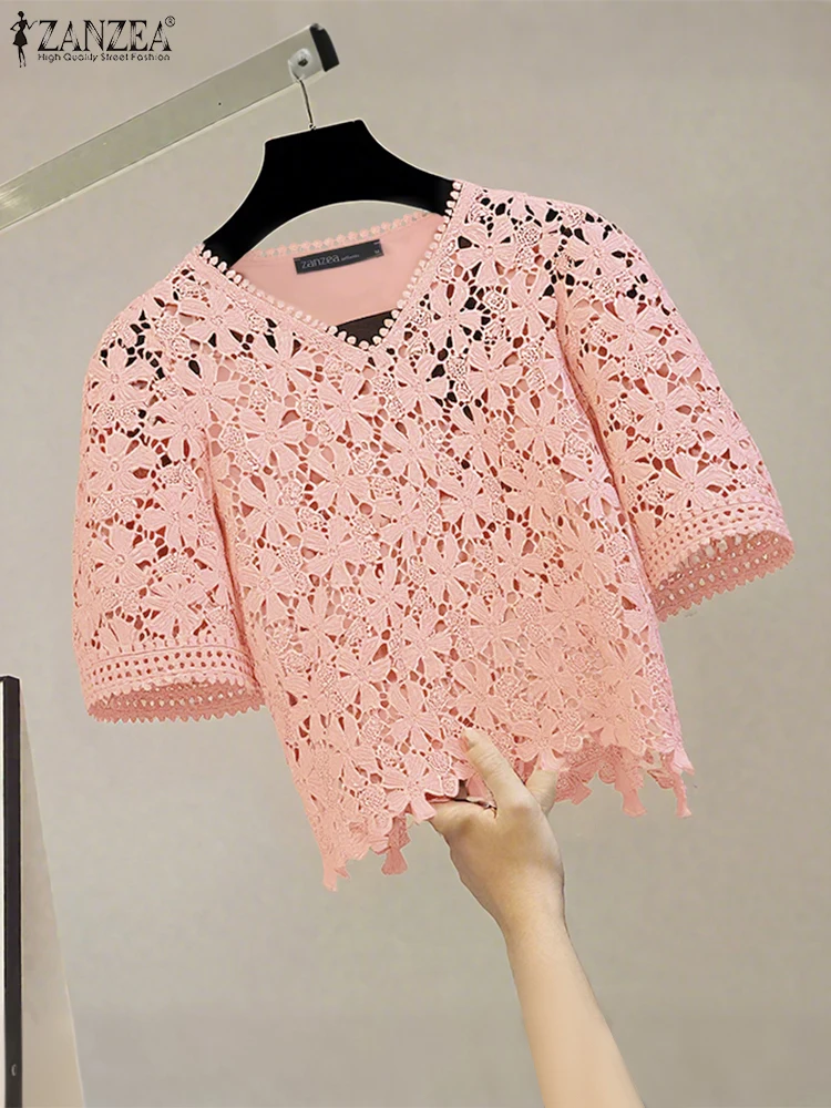 

ZANZEA Elegant Office Lady Blouse Women Summer OL Lace Shirts 2025 Fashion V-Neck Short Puff Sleeve Casual Loose Party Top Tunic