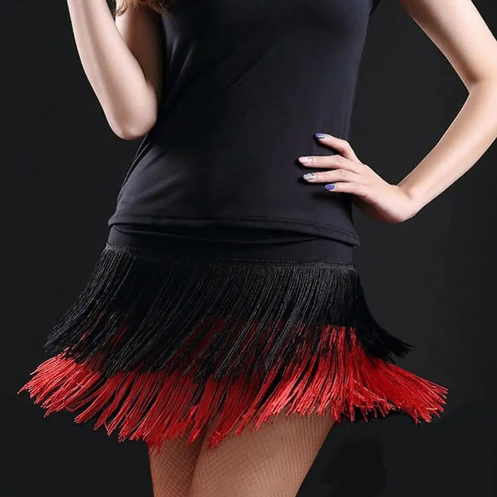 موضة شرابة اللاتينية تنورة رقص مرحلة قصيرة زي قاعة الرقص تنورة 2 طبقة تشاتشا ملابس الرقص رومبا تنورة رقص للنساء