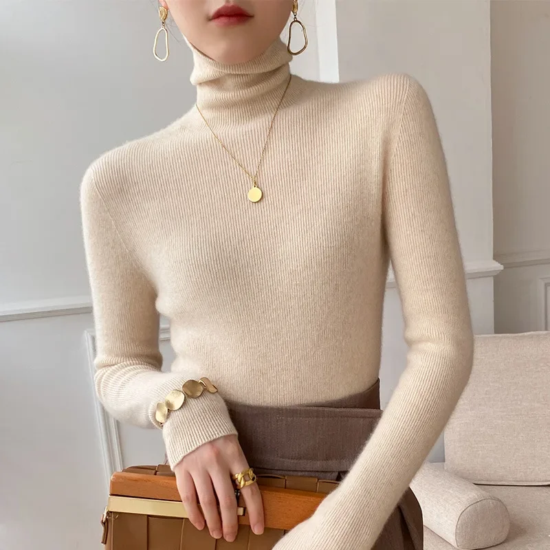 Coreano casual sólido camisa de fundo camisola feminina outono inverno gola alta quente malhas pullovers moda magro marrom camisola