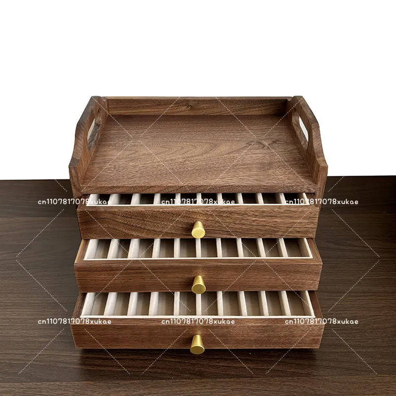 Large Capacity Drawer Case Black Walnut Wood Pen Storage Box Multi-layer Drawer Display Box Brass Handle Desk Organizer