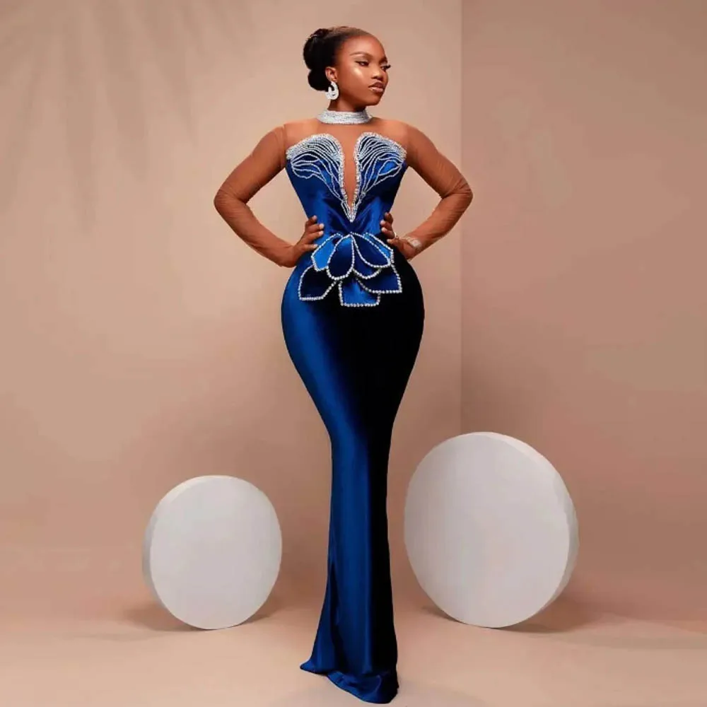 Navy Blue Velvet Mermaid Evening Dresses With Pearls Beads High Neck Illusion Long Sleeves Prom Dress Aso Ebi Formal Party Gowns